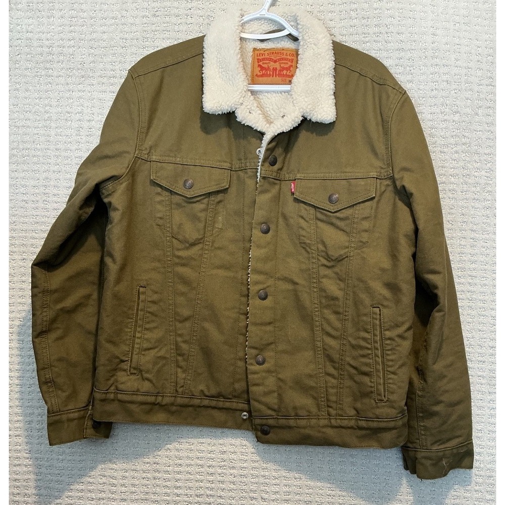 Levi's Sherpa Canvas Trucker Jacket New Green M Mens